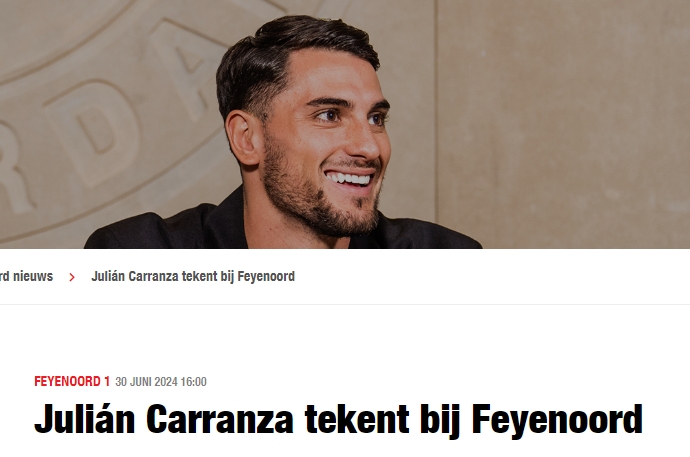 官方：24岁阿根廷球员朱利安-卡兰萨加盟费耶诺德，双方签约四年